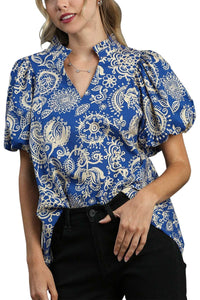 Umgee Two Tone Paisley Print Top in Blue