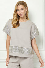 Load image into Gallery viewer, See and Be Seen Sequin Detail Short Sleeve Texture Top in Oatmeal Shirts &amp; Tops See and Be Seen   
