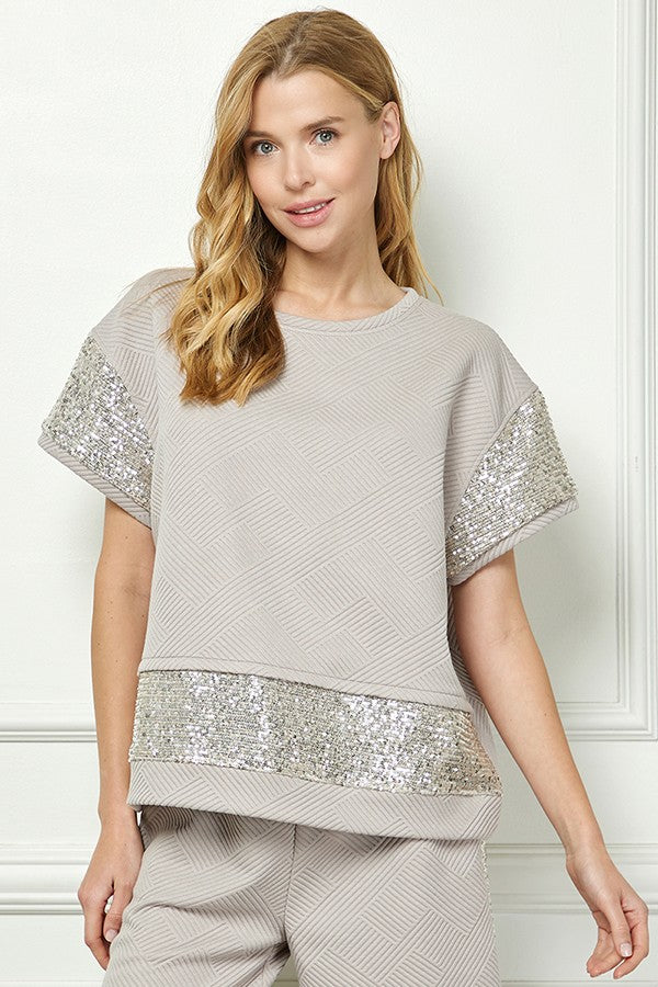 See and Be Seen Sequin Detail Short Sleeve Texture Top in Oatmeal Shirts & Tops See and Be Seen   