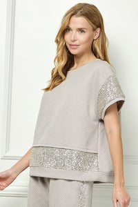 See and Be Seen Sequin Detail Short Sleeve Texture Top in Oatmeal Shirts & Tops See and Be Seen   