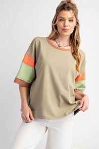 Easel Color Block Sleeves Top in Sage