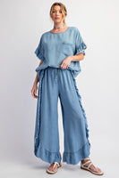 Easel Chambray Pants with Ruffle Details in Light Denim Pants Easel   