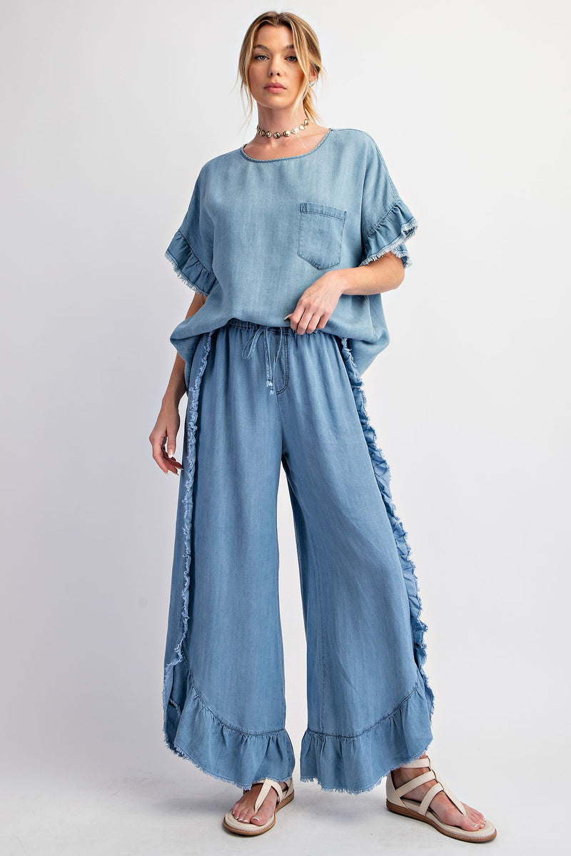 Easel Chambray Pants with Ruffle Details in Light Denim ON ORDER June