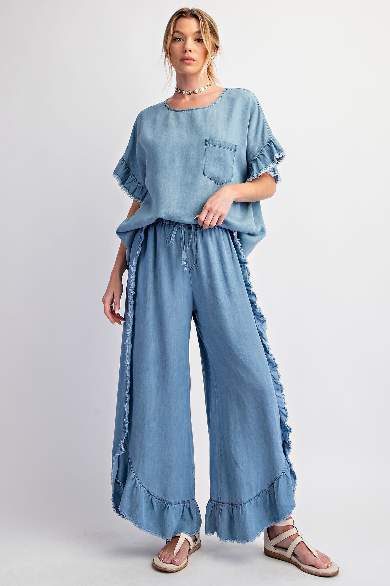 Easel Chambray Pants with Ruffle Details in Light Denim ON ORDER