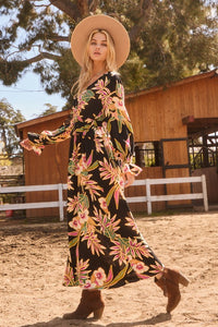 Oddi V-Neck Floral Print Maxi Dress in Black Multi