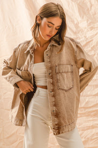 So Me Vintage Washed Denim Shacket in Vintage Taupe