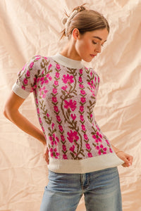 So Me Intarsia Knit Floral Sweater Top in Ivory