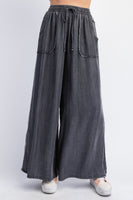 Easel Frayed Detailed Washed Chambray Palazzo Pants in Black Denim
