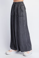 Easel Frayed Detailed Washed Chambray Palazzo Pants in Black Denim