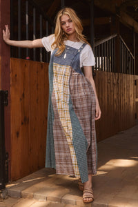 Oddi Denim and Mixed Plaid Overall Maxi Dress in Denim Combo