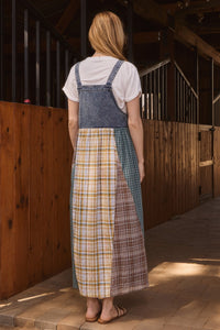 Oddi Denim and Mixed Plaid Overall Maxi Dress in Denim Combo