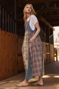 Oddi Denim and Mixed Plaid Overall Maxi Dress in Denim Combo