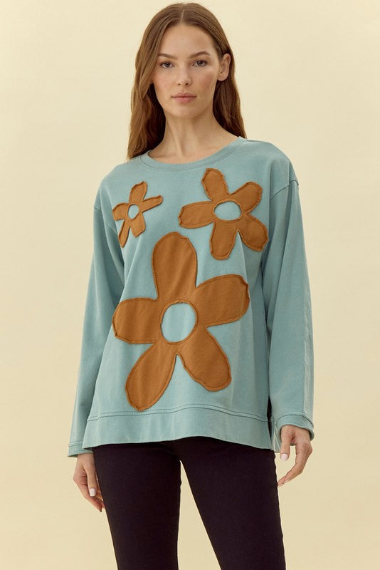 Jodifl Solid Color Top with Contrasting Color Flower Patches in Sage