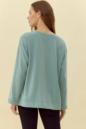 Jodifl Solid Color Top with Contrasting Color Flower Patches in Sage