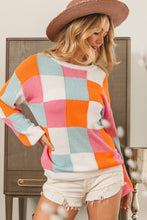 Load image into Gallery viewer, BiBi Multi-Colored Checkered Lightweight Sweater in Orange/Pink/Denim
