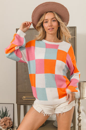 BiBi Multi-Colored Checkered Lightweight Sweater in Orange/Pink/Denim