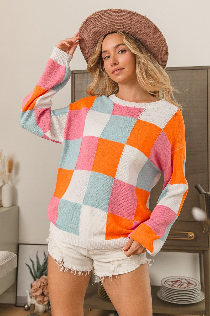 BiBi Multi-Colored Checkered Lightweight Sweater in Orange/Pink/Denim