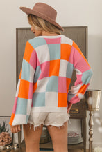 Load image into Gallery viewer, BiBi Multi-Colored Checkered Lightweight Sweater in Orange/Pink/Denim
