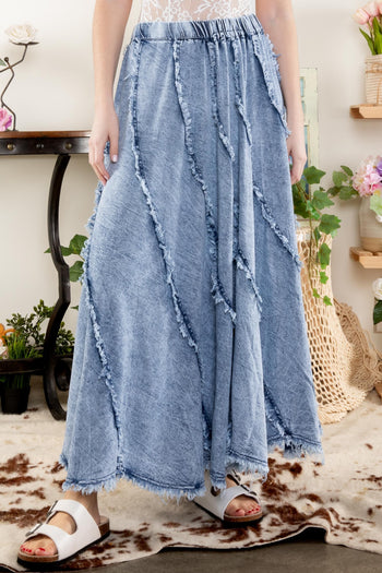 BlueVelvet Mineral Washed Denim Skirt with Raw Frayed Seams in Dark Denim
