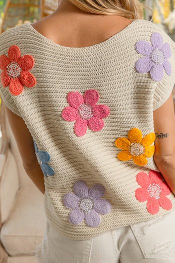 BiBi Multi Jeweled Crochet Flower Patch Sweater Vest in Oatmeal FINAL SALE