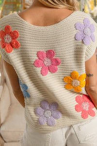 BiBi Multi Jeweled Crochet Flower Patch Sweater Vest in Oatmeal