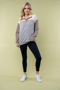 White Birch Color Block Pullover Snap Button Top in Grey