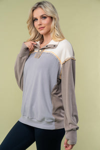 White Birch Color Block Pullover Snap Button Top in Grey