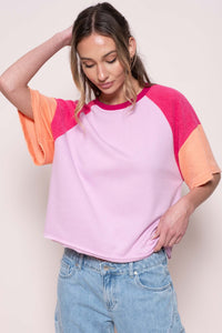 Hailey & Co Loose Fit Color Block Raglan Top in Pink