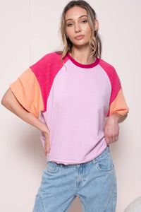 Hailey & Co Loose Fit Color Block Raglan Top in Pink