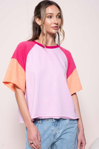 Hailey & Co Loose Fit Color Block Raglan Top in Pink