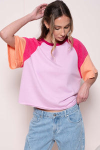 Hailey & Co Loose Fit Color Block Raglan Top in Pink