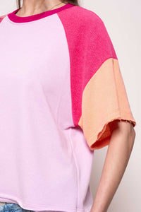 Hailey & Co Loose Fit Color Block Raglan Top in Pink