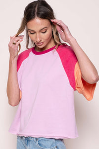 Hailey & Co Loose Fit Color Block Raglan Top in Pink