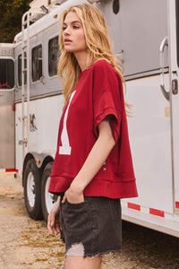 Oddi OVERSIZED Solid Color Letter Patched A Top in Dark Red