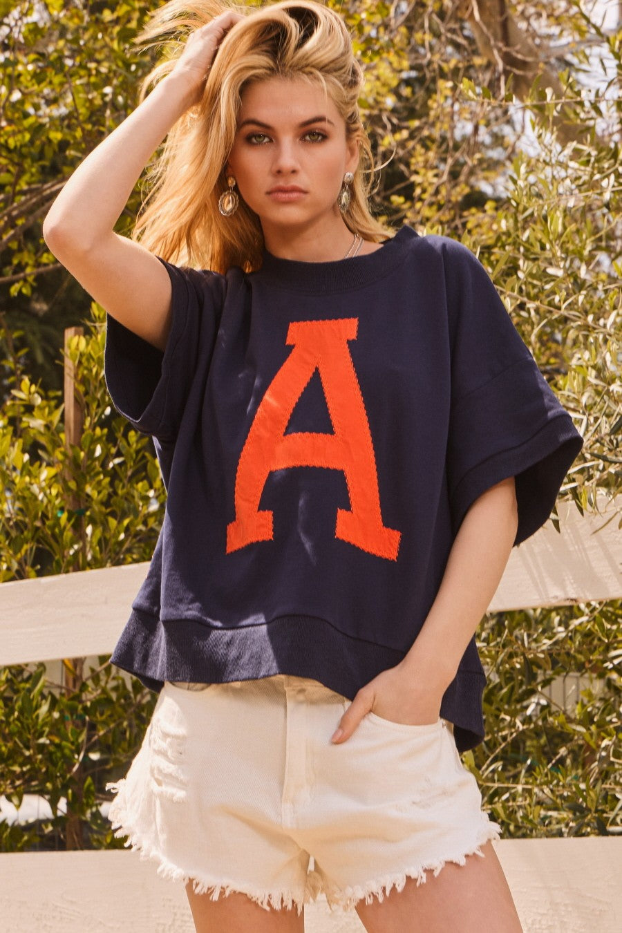 Oddi OVERSIZED Solid Color Letter Patched A Top in Navy