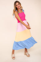 Haptics Color Block Fit and Flare Maxi Dress in Hot Pink/Cream/Blue FINAL SALE