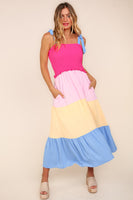 Haptics Color Block Fit and Flare Maxi Dress in Hot Pink/Cream/Blue FINAL SALE