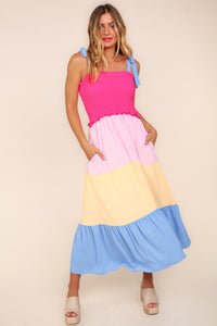 Haptics Color Block Fit and Flare Maxi Dress in Hot Pink/Cream/Blue
