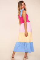 Haptics Color Block Fit and Flare Maxi Dress in Hot Pink/Cream/Blue FINAL SALE