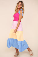 Haptics Color Block Fit and Flare Maxi Dress in Hot Pink/Cream/Blue FINAL SALE