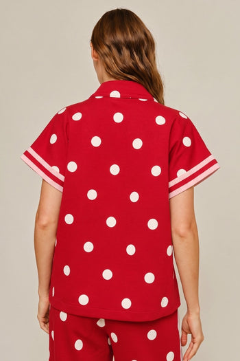 Jodifl Color Rib Band Contrast Zip Up Polka Dot Top in Red