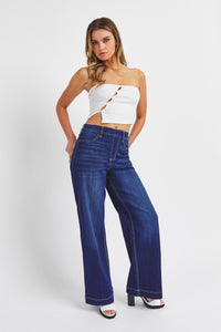 Cello Jeans High Rise Pull on Wide Leg Jeans in Dark Denim