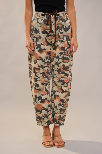 Blue B Camo Print Barrel Leg Pants with Grommet Waistband in Camo Mix