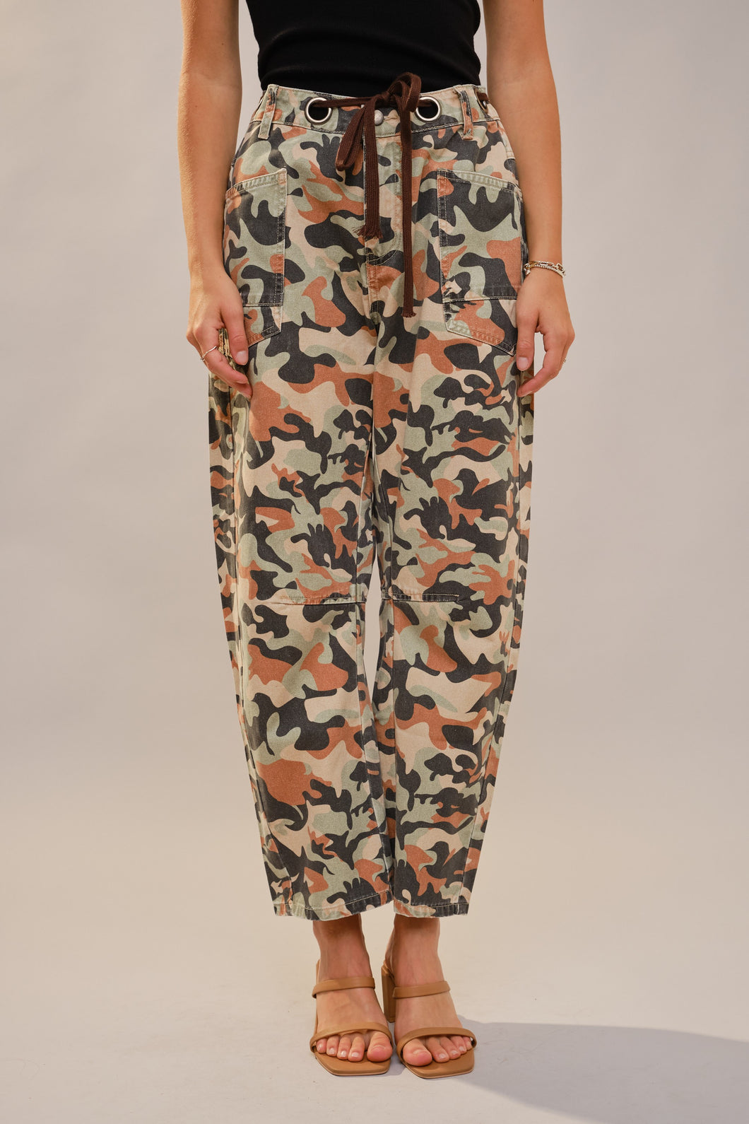 Blue B Camo Print Barrel Leg Pants with Grommet Waistband in Camo Mix