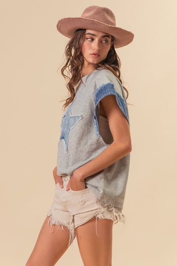 BiBi French Terry Top with Denim Star Patch Front in Heather Grey