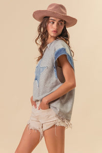 BiBi French Terry Top with Denim Star Patch Front in Heather Grey