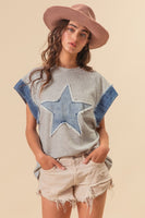 BiBi French Terry Top with Denim Star Patch Front in Heather Grey