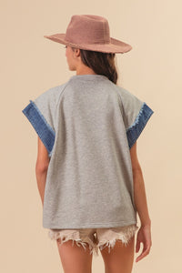BiBi French Terry Top with Denim Star Patch Front in Heather Grey