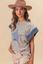 Load image into Gallery viewer, BiBi French Terry Top with Denim Star Patch Front in Heather Grey
