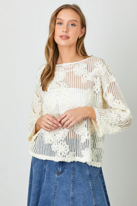 Polagram Textured Floral Crochet Sweater Top in Natural